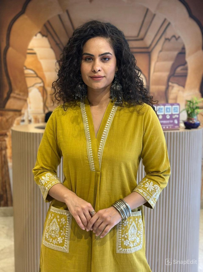 Cotton Slub Kurti Pant Set with Embroidered Pockets