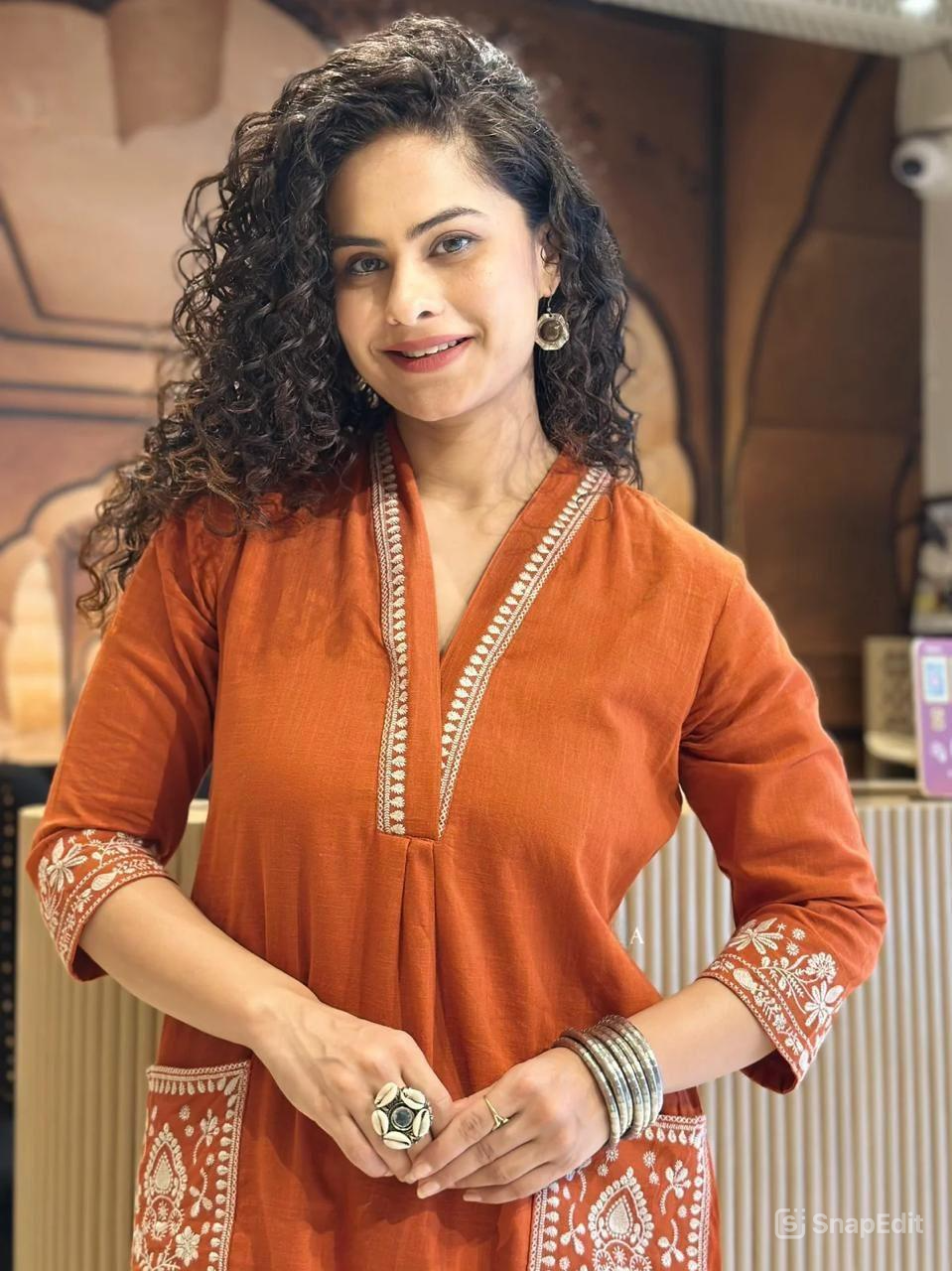 Cotton Slub Kurti Pant Set with Embroidered Pockets