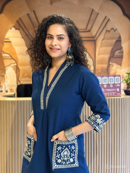 Cotton Slub Kurti Pant Set with Embroidered Pockets