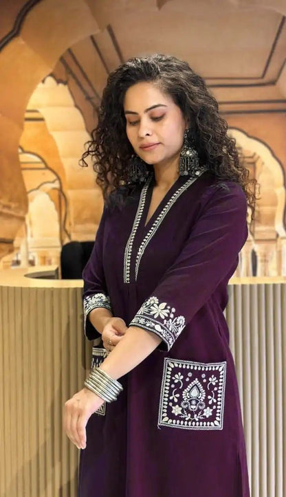 Cotton Slub Kurti Pant Set with Embroidered Pockets