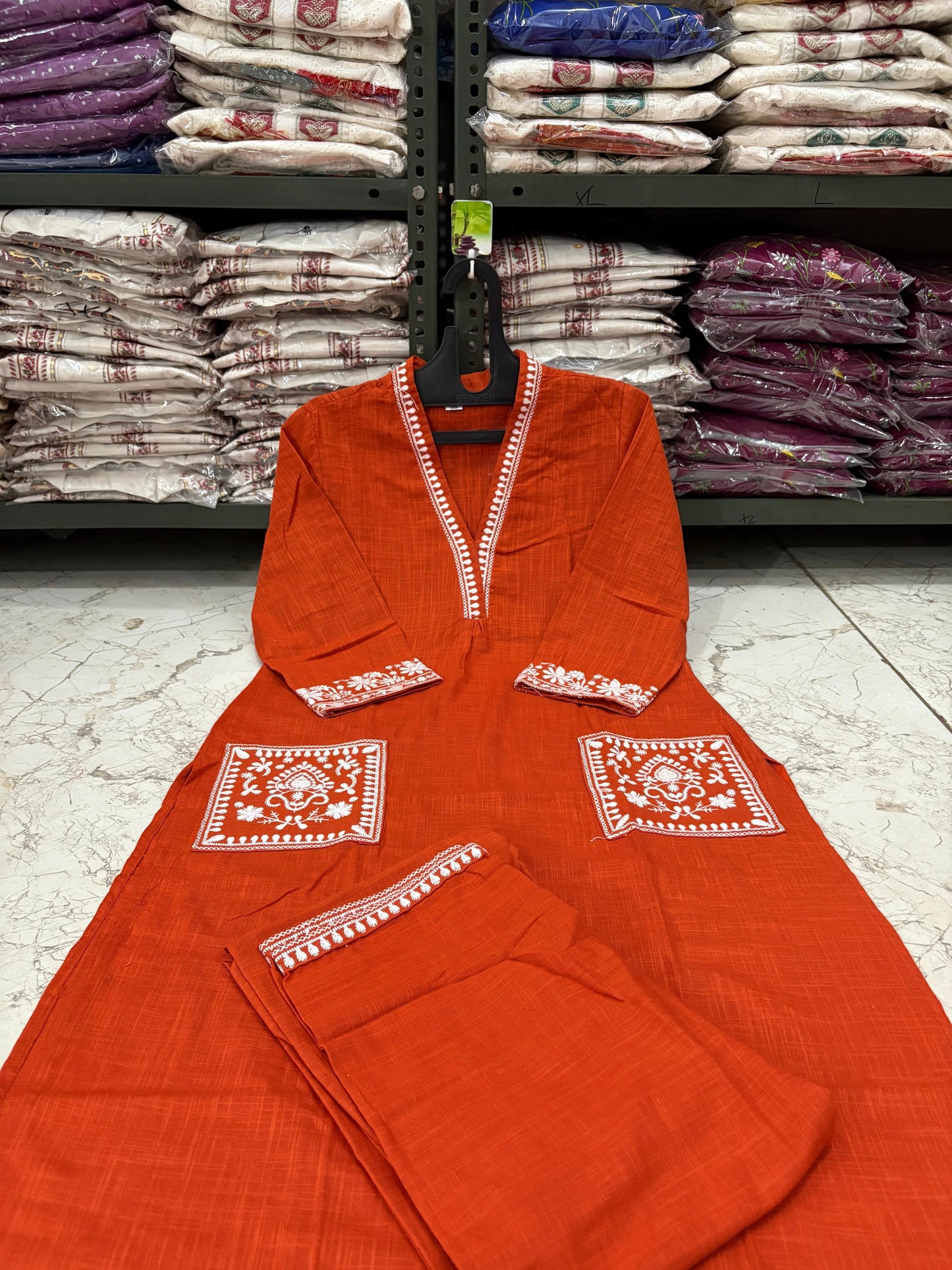 Cotton Slub Kurti Pant Set with Embroidered Pockets