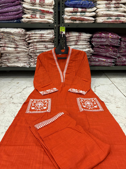Cotton Slub Kurti Pant Set with Embroidered Pockets