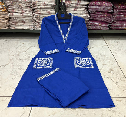 Cotton Slub Kurti Pant Set with Embroidered Pockets