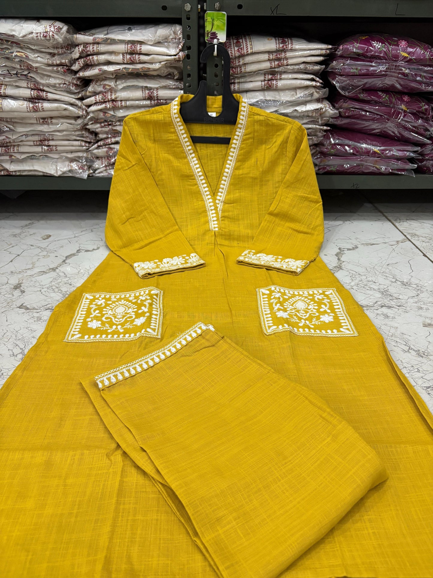 Cotton Slub Kurti Pant Set with Embroidered Pockets