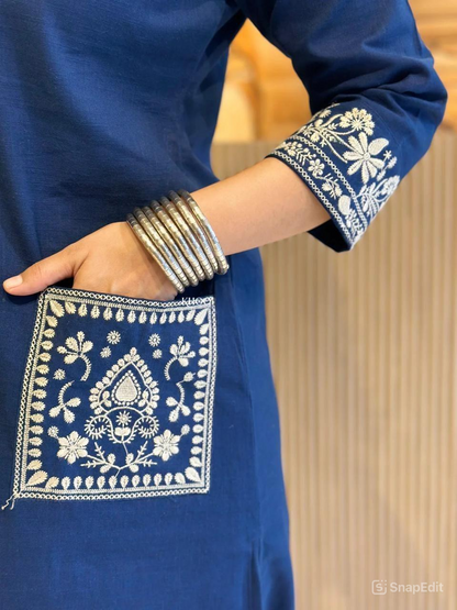 Cotton Slub Kurti Pant Set with Embroidered Pockets