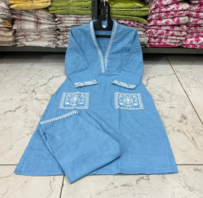 Cotton Slub Kurti Pant Set with Embroidered Pockets