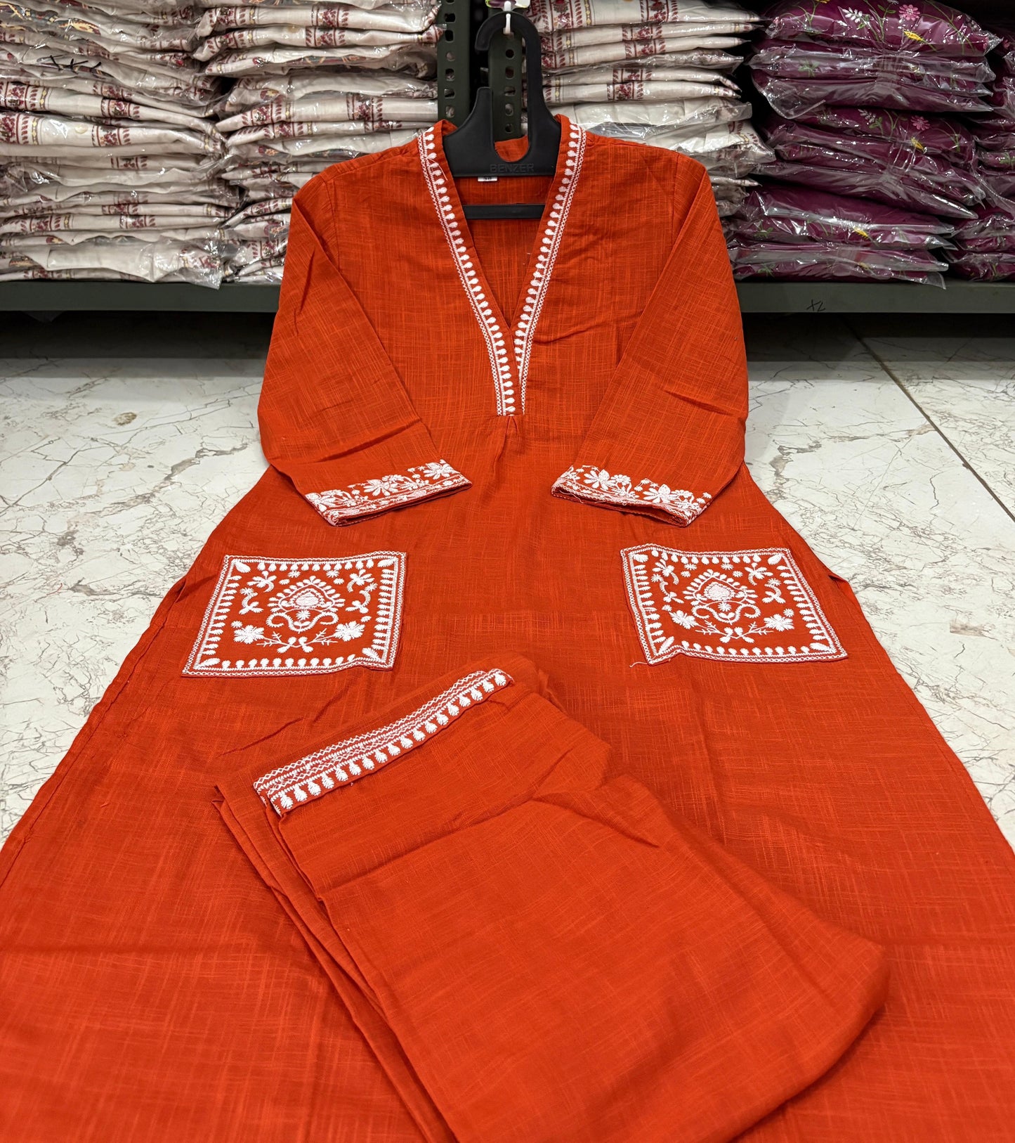 Cotton Slub Kurti Pant Set with Embroidered Pockets