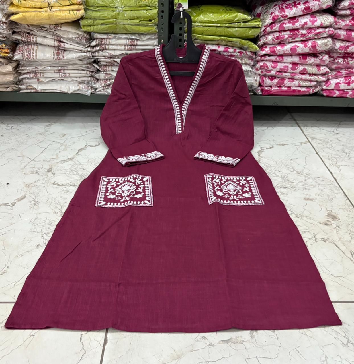 Cotton Slub Kurti Pant Set with Embroidered Pockets