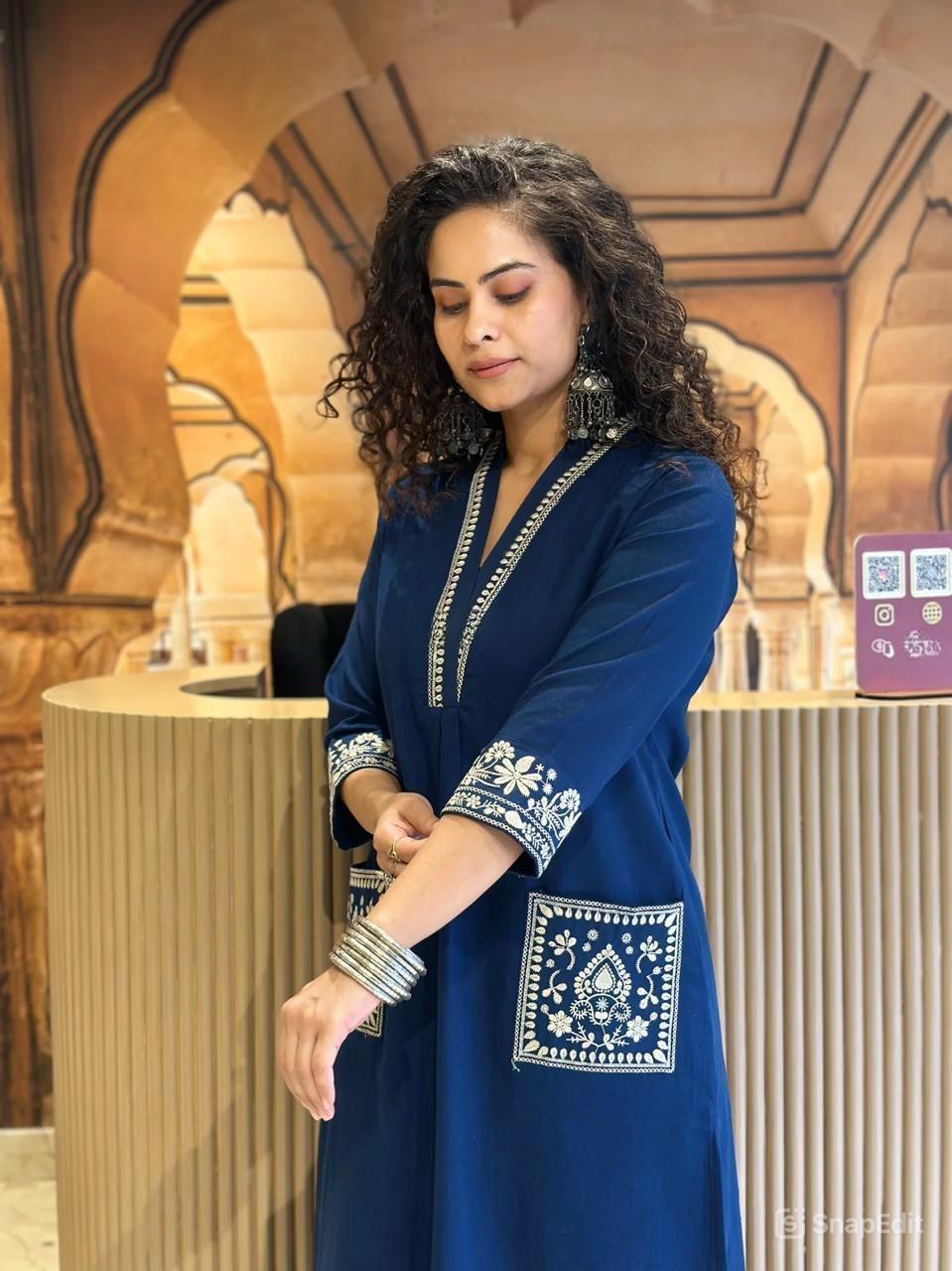 Cotton Slub Kurti Pant Set with Embroidered Pockets