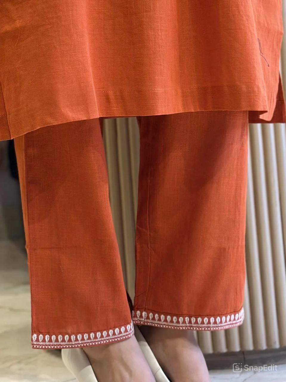 Cotton Slub Kurti Pant Set with Embroidered Pockets