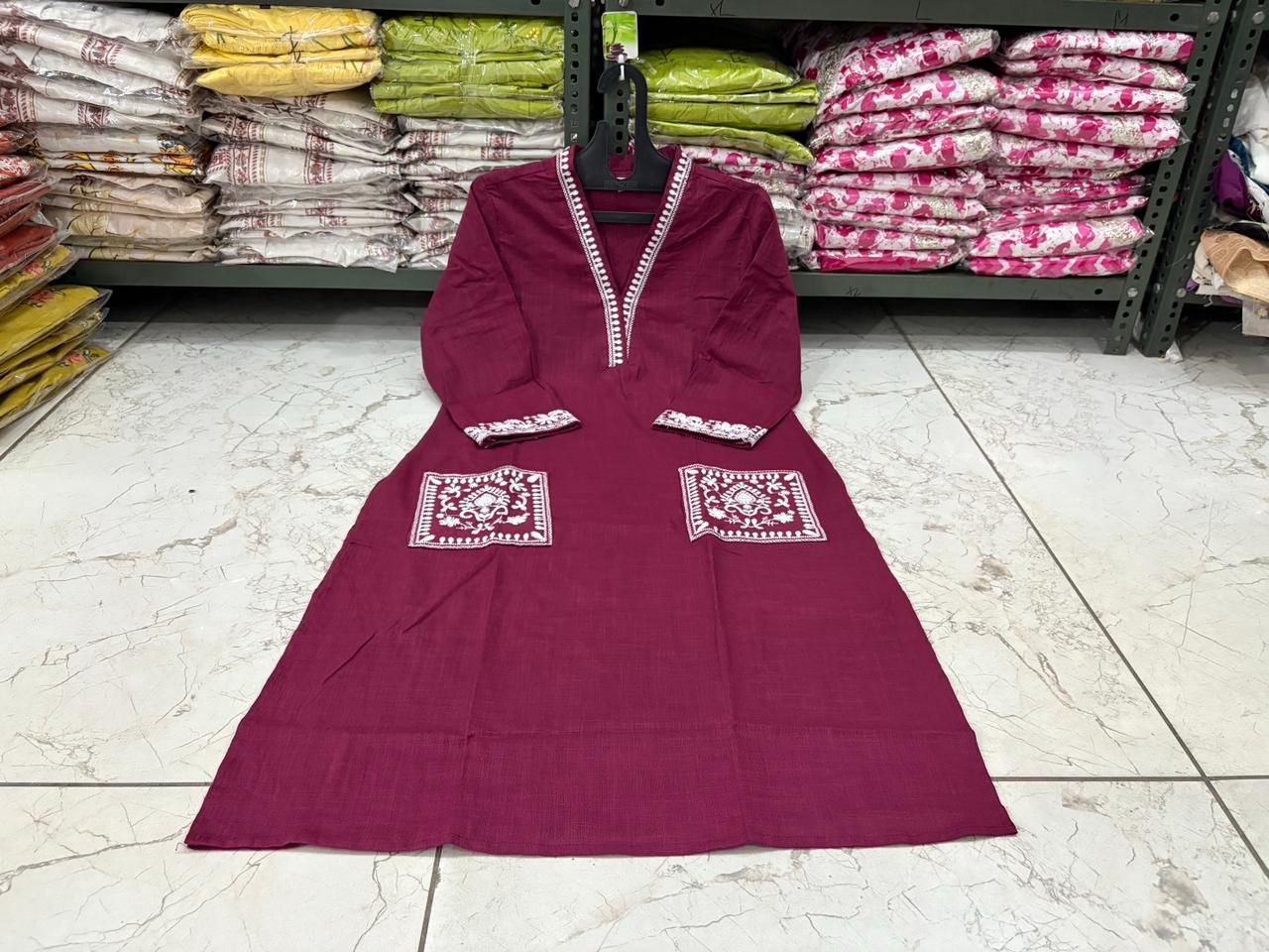 Cotton Slub Kurti Pant Set with Embroidered Pockets