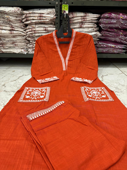 Cotton Slub Kurti Pant Set with Embroidered Pockets