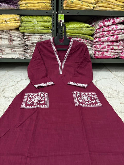 Cotton Slub Kurti Pant Set with Embroidered Pockets
