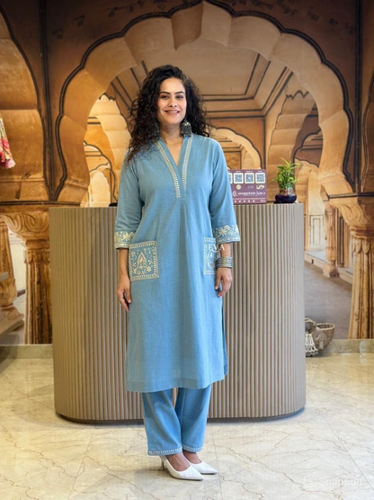 Cotton Slub Kurti Pant Set with Embroidered Pockets