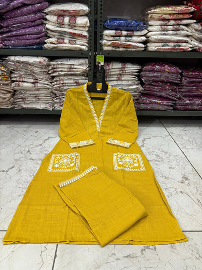 Cotton Slub Kurti Pant Set with Embroidered Pockets