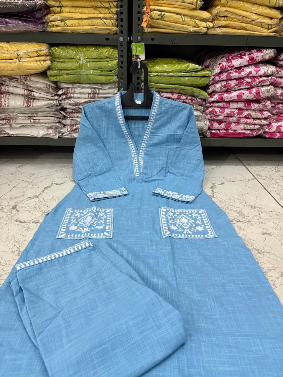 Cotton Slub Kurti Pant Set with Embroidered Pockets