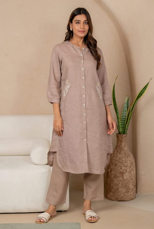 Cotton Slub Kurti with Embroidered Pocket & Pant Set