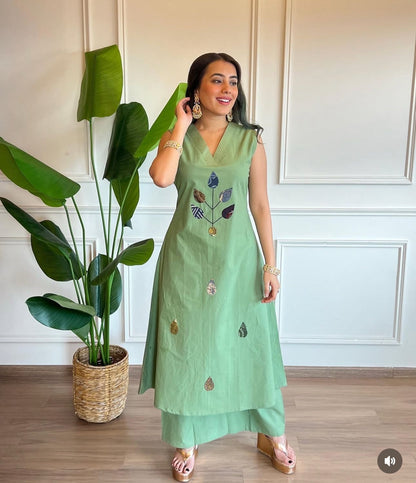 Cotton Slub Patch Work Sleeveless Kurti with Palazzo Set