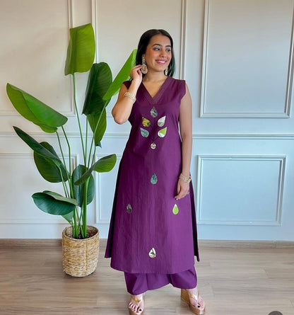 Cotton Slub Patch Work Sleeveless Kurti with Palazzo Set