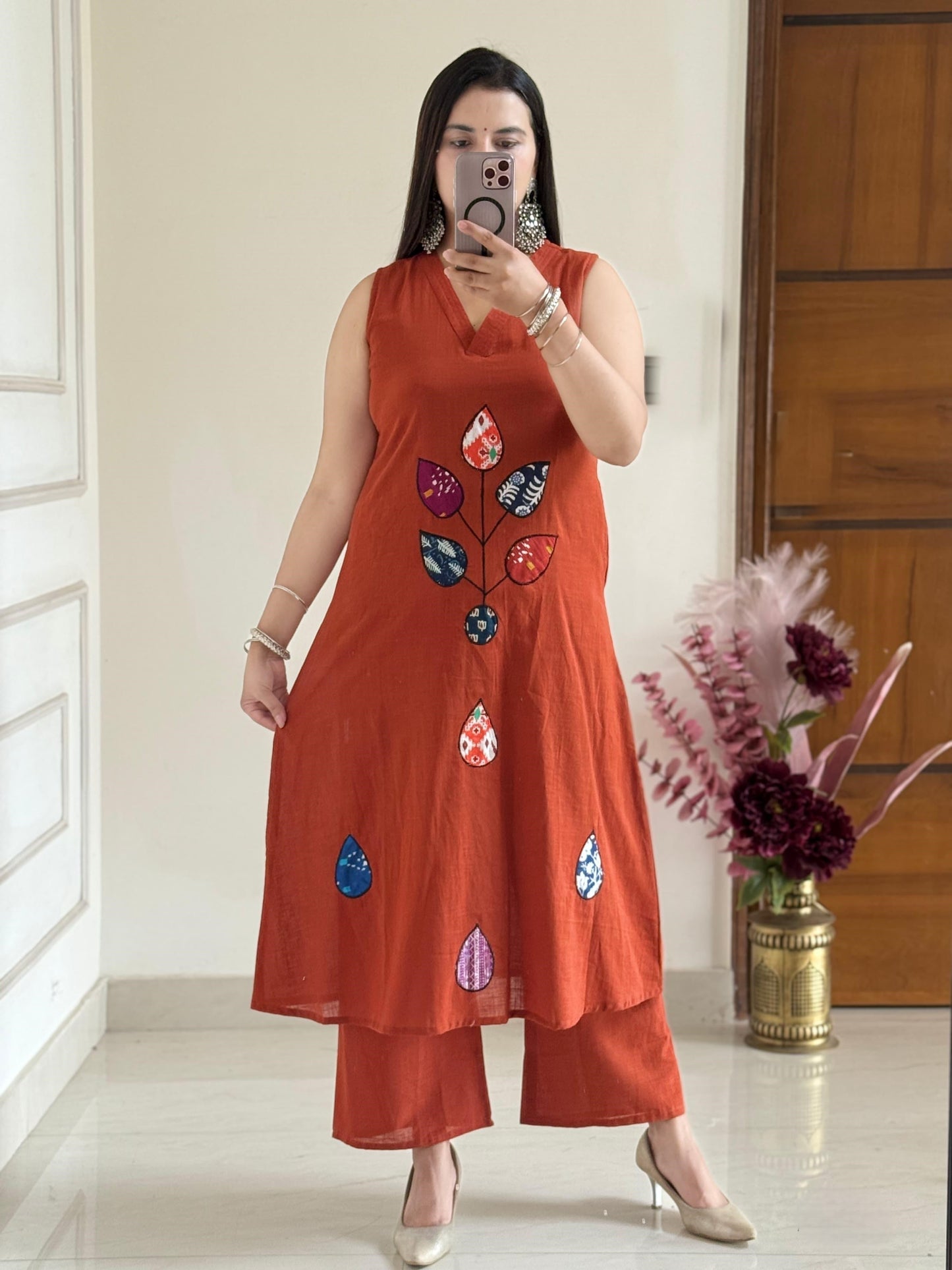 Cotton Slub Patch Work Sleeveless Kurti with Palazzo Set