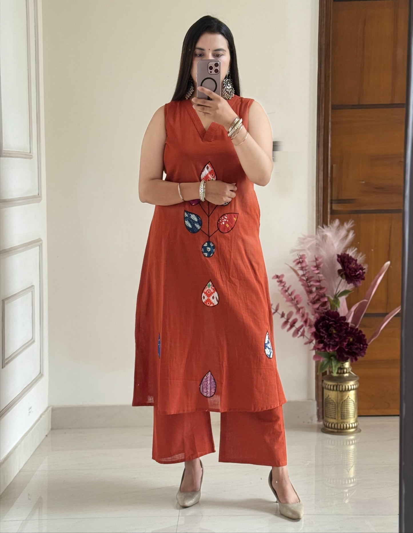 Cotton Slub Patch Work Sleeveless Kurti with Palazzo Set