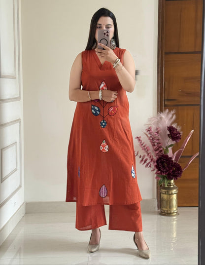 Cotton Slub Patch Work Sleeveless Kurti with Palazzo Set