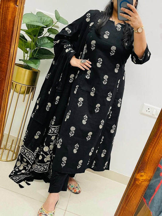 Cotton Slub Printed Kurti Pant Set with Mulmul Printed Dupatta