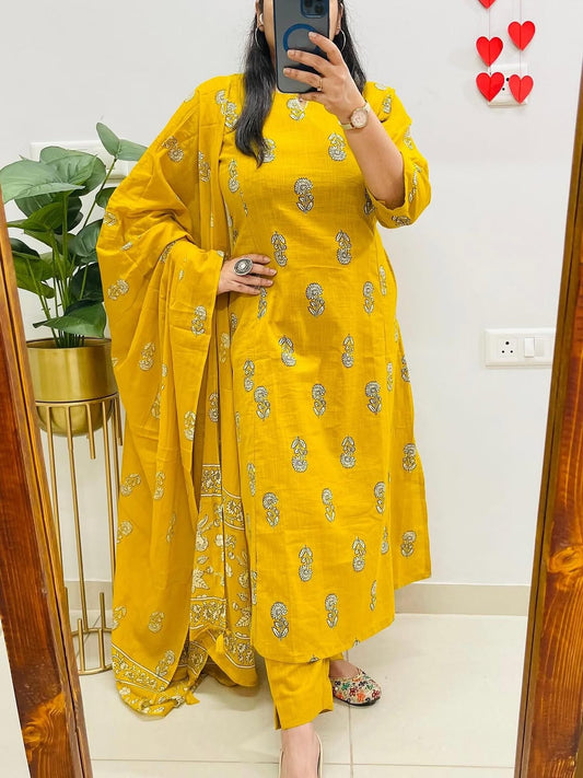 Cotton Slub Printed Kurti Pant Set with Mulmul Printed Dupatta