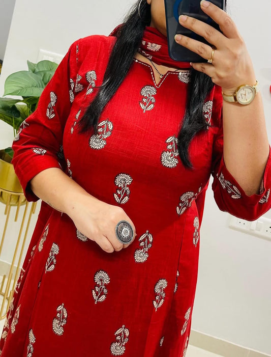 Cotton Slub Printed Kurti Pant Set with Mulmul Printed Dupatta