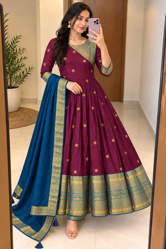Cotton Spun Silk Anarkali Kurta with Rangoli Silk Dupatta