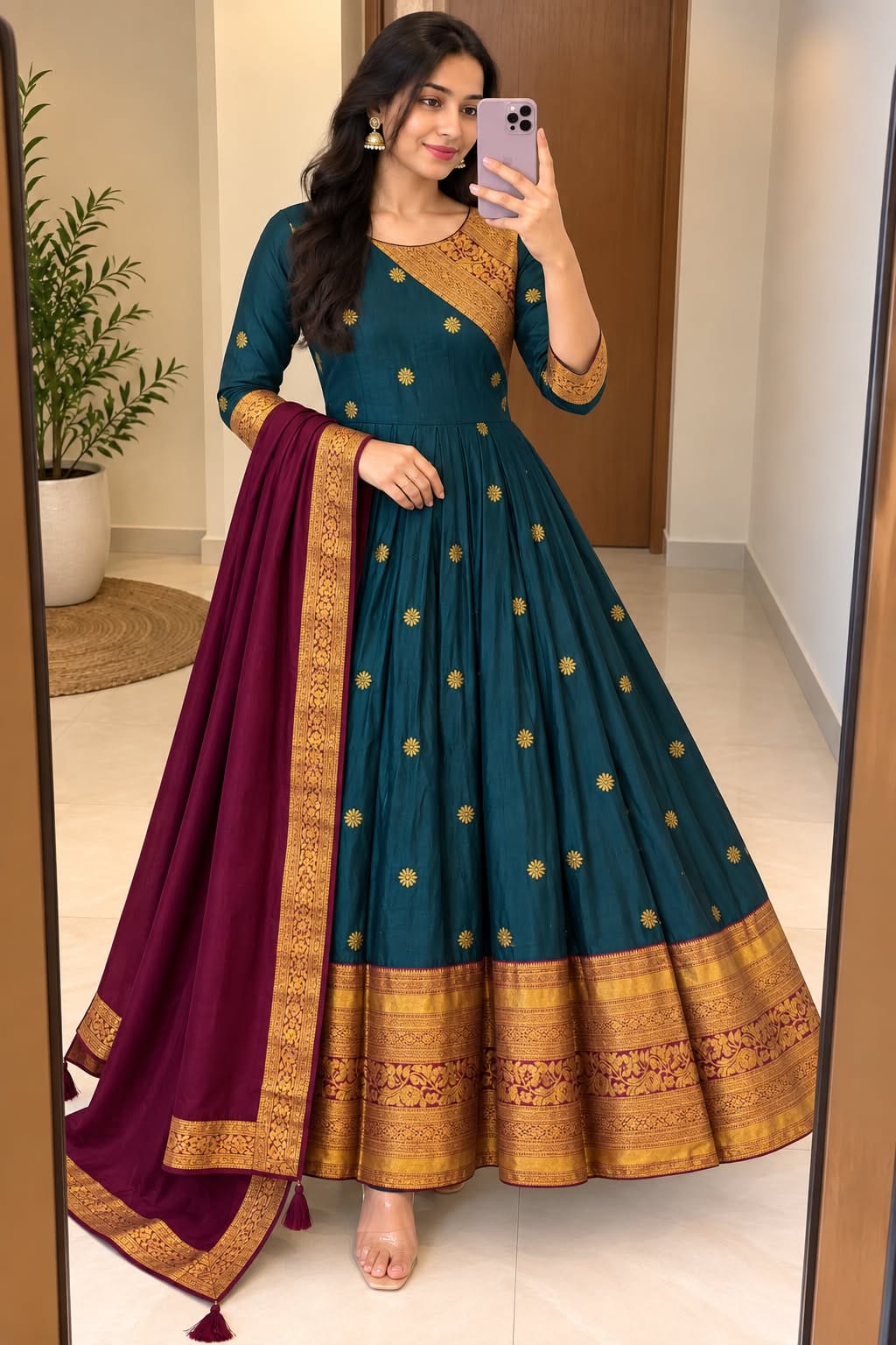 Cotton Spun Silk Anarkali Kurta with Rangoli Silk Dupatta