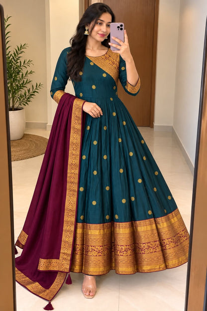 Cotton Spun Silk Anarkali Kurta with Rangoli Silk Dupatta