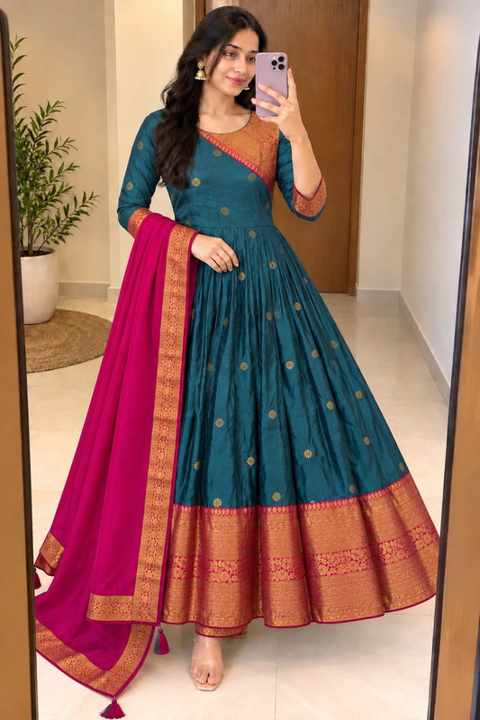 Cotton Spun Silk Anarkali Kurta with Rangoli Silk Dupatta