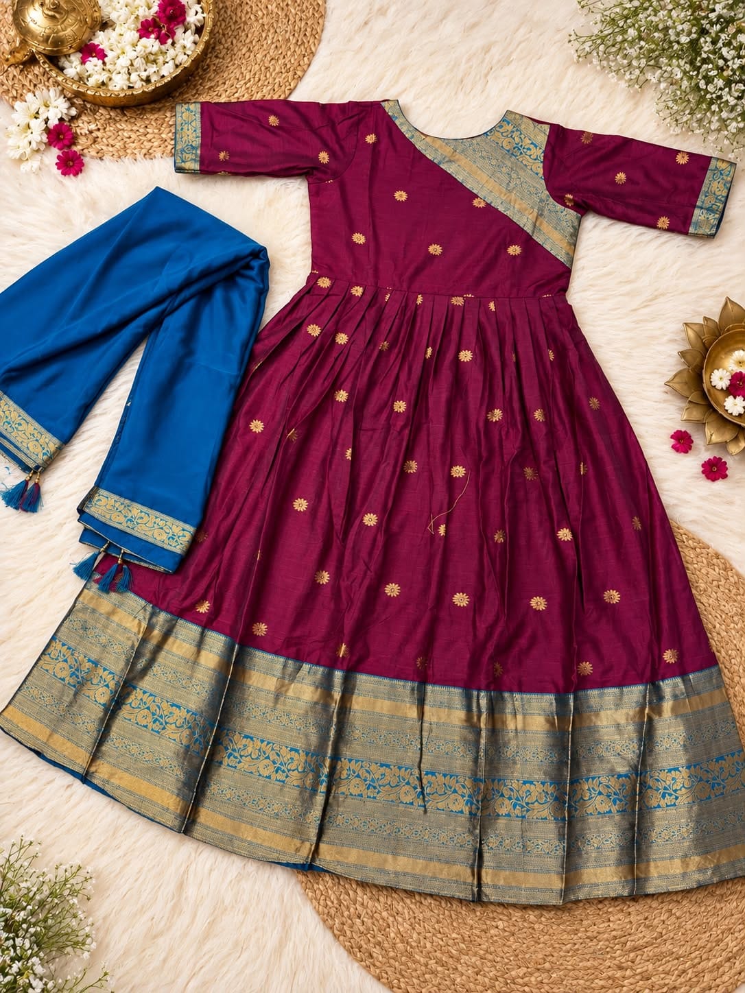 Cotton Spun Silk Anarkali Kurta with Rangoli Silk Dupatta