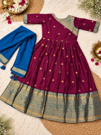 Cotton Spun Silk Anarkali Kurta with Rangoli Silk Dupatta