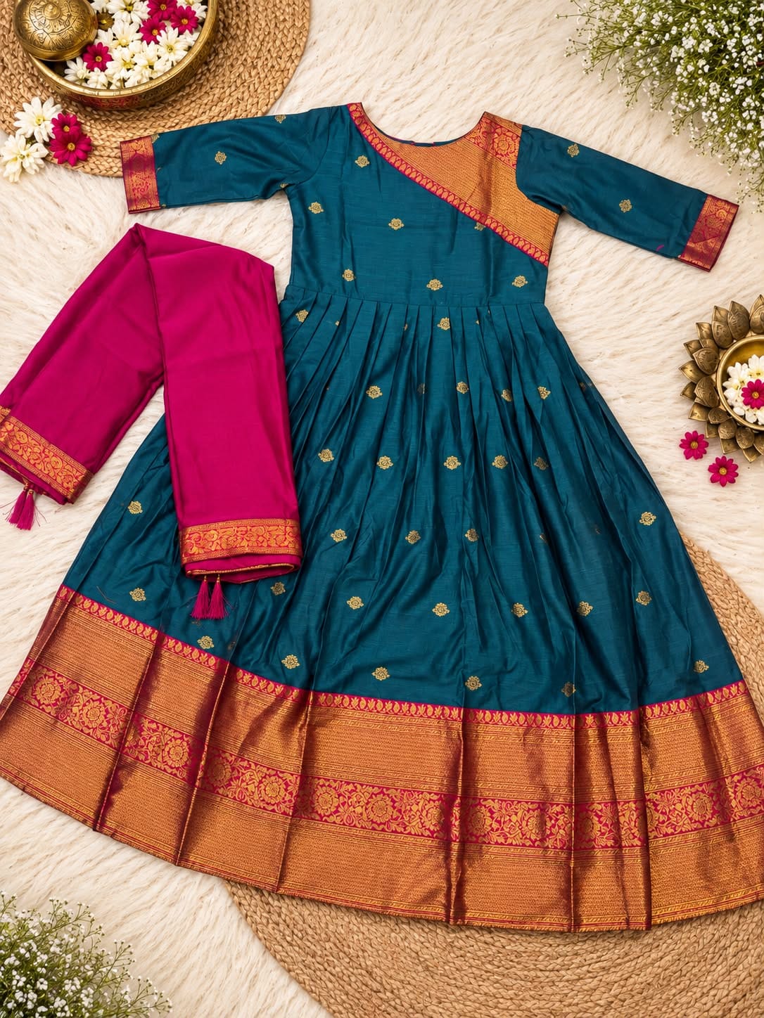 Cotton Spun Silk Anarkali Kurta with Rangoli Silk Dupatta