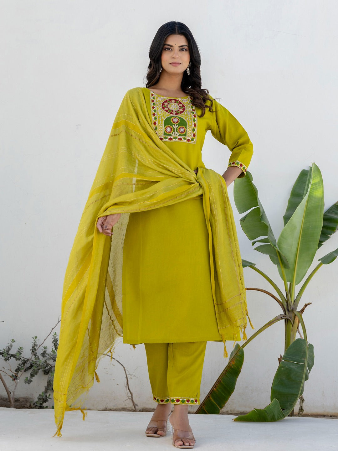 Cotton Straight Kurta Pant Set with Chanderi Dupatta (3 Pc)