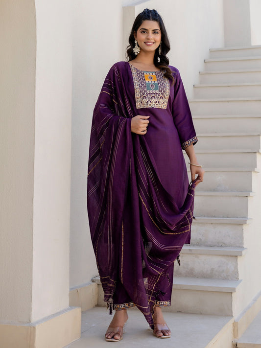 Cotton Straight Kurta Pant Set with Chanderi Dupatta (3 Pc)