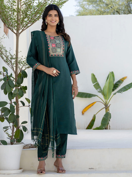 Cotton Straight Kurta Pant Set with Chanderi Dupatta (3 Pc)