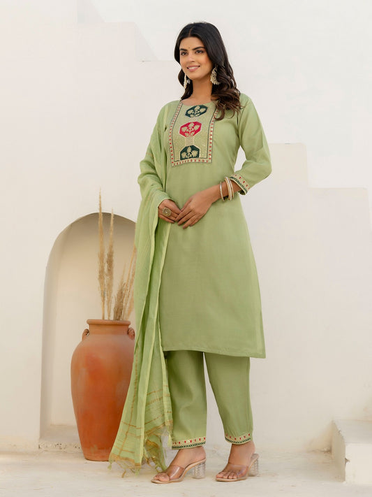 Cotton Straight Kurta Pant Set with Chanderi Dupatta (3 Pc)