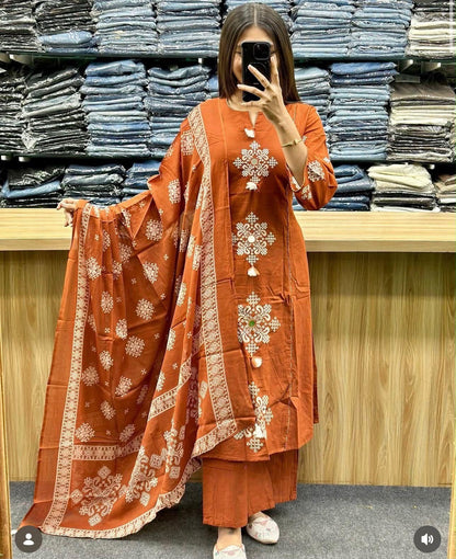 Cotton Straight Kurti Pant Set with Embroidered Neckline & Printed Malmal Dupatta