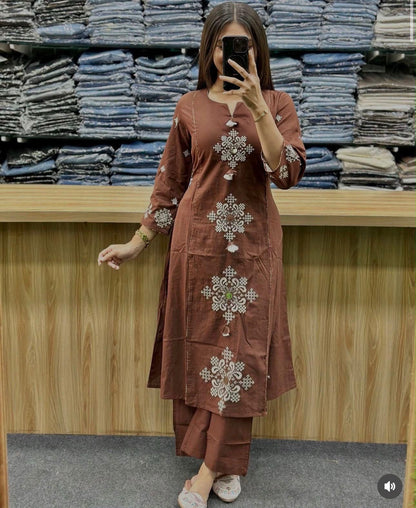 Cotton Straight Kurti Pant Set with Embroidered Neckline & Printed Malmal Dupatta