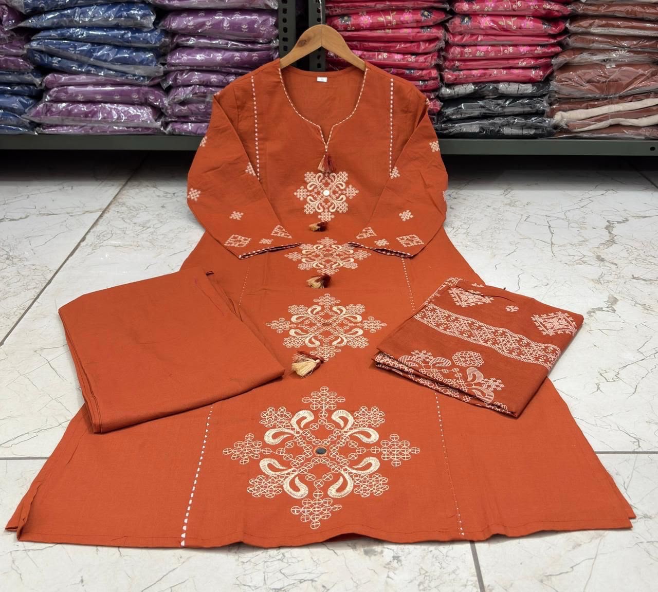 Cotton Straight Kurti Pant Set with Embroidered Neckline & Printed Malmal Dupatta