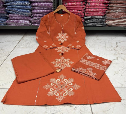 Cotton Straight Kurti Pant Set with Embroidered Neckline & Printed Malmal Dupatta
