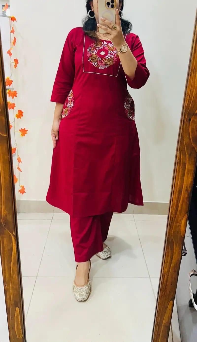 Cotton Straight Kurti Pant Set with Embroidery & Two Side Pockets
