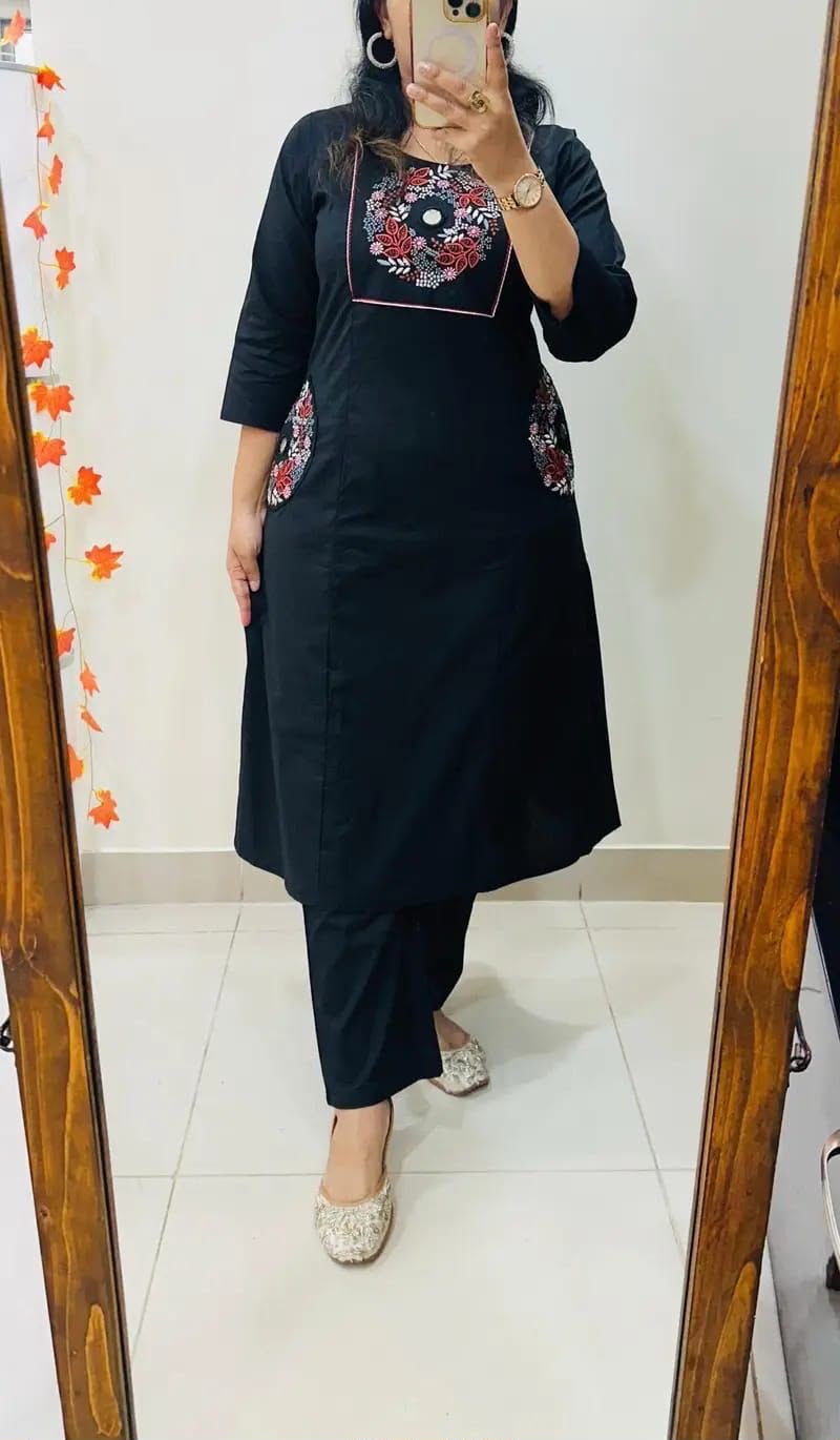 Cotton Straight Kurti Pant Set with Embroidery & Two Side Pockets