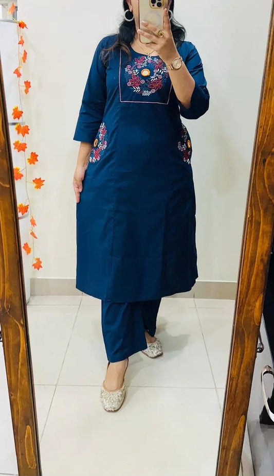 Cotton Straight Kurti Pant Set with Embroidery & Two Side Pockets