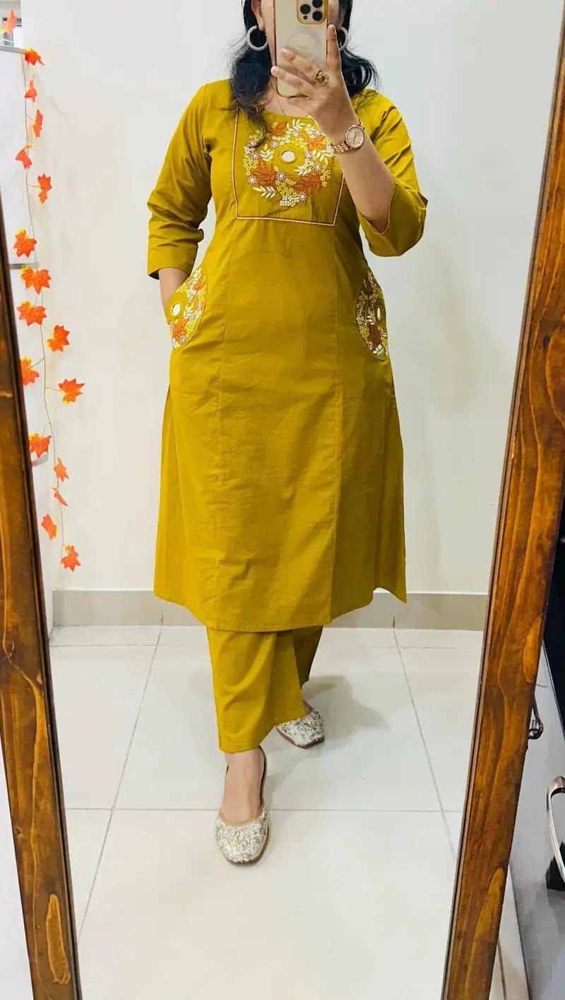 Cotton Straight Kurti Pant Set with Embroidery & Two Side Pockets