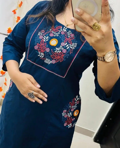 Cotton Straight Kurti Pant Set with Embroidery & Two Side Pockets