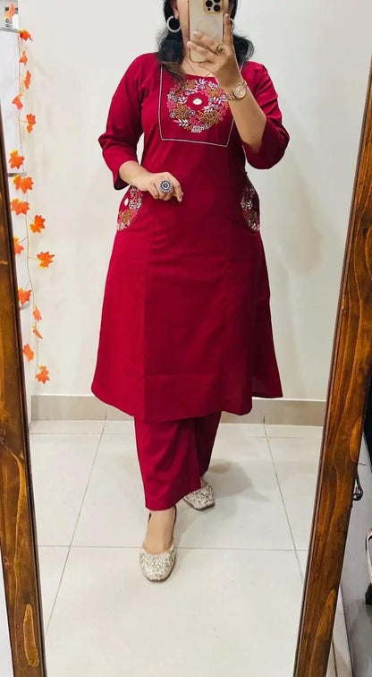 Cotton Straight Kurti Pant Set with Embroidery & Two Side Pockets